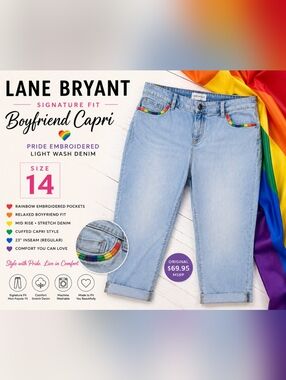 Lane Bryant Lightwash Flex Waistband  Boyfriend Capri Jeans Rainbow Pocket Trim